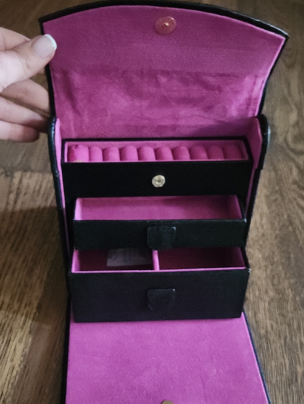 Compact Black Jewelry Organizer Bag with Vibrant Pink Velvet Interior